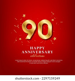 90 years of golden numbers, anniversary celebrating text, ad anniversary congratulation text with golden confetti spread on a red background