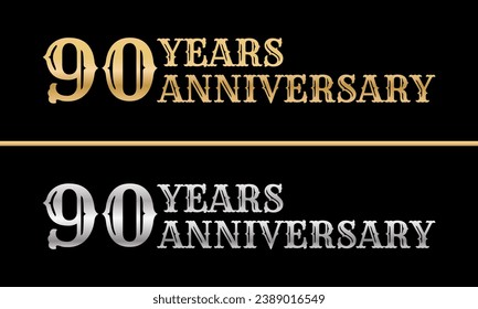 90 years logo. 90th anniversary celebration design. Birthday, invitation, jubilee golden and silver sign or symbol. Vector illustration.