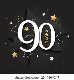 90 anos de ouro metálico e preto vetor cartão tipográfico com estrelas