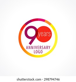 90 years old circle logo. Anniversary 90s, 90 th vector colour chart template medal. Birthday greetings circle celebrates. Celebrating numbers. Colorful stamp with diagram. Figures of ages. Letter O.