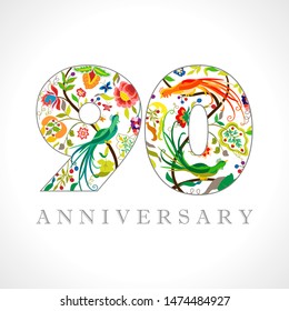 90 years old logotype. 90 th anniversary numbers. Decorative symbol. Age congrats with peacock birds. Isolated abstract graphic design template. Royal coloured digits. Up to 90% percent off discount.
