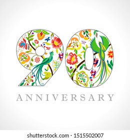 90 years old logotype. 90 th anniversary numbers. Decorative symbol. Age congrats with peacock birds. Isolated abstract graphic design template. Royal colorful digits. Up to 90% percent off discount.