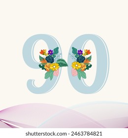 90 years old logotype, 90 th anniversary numbers, Age congrats with flowers and leaves