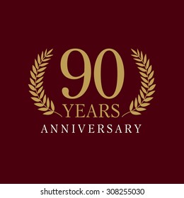 90 years old luxurious logo. Anniversary 90s, 90 th vector gold colored template framed of palms. Greetings ages celebrates. Celebrating tradition branches. 9 th place symbol of victory and success