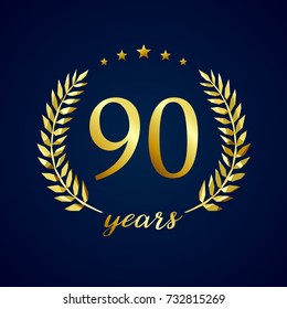 90 years old luxurious logotype. Congratulating 90th, 9th numbers in circle of palms, cup template. Isolated sign greetings symbol, celebrating traditional stained-glass decorative retro style ear.