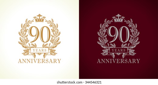 90 years old luxury logotype. Congratulating 90th numbers gold color framed in palms. Heraldic congrats concept. Celebrating tradition nine, zero digits. Abstract isolated graphic design template.