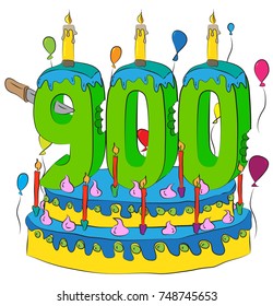 900 Birthday Cake With Number Nine Hundred Candle, Celebrating Nine Hundredth Year of Life, Colorful Balloons and Chocolate Frosting