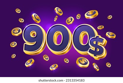 900 dollar coupon gift voucher, cash back banner special offer, casino winner. Vector illustration