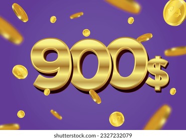 900 Dollar gift or offer poster with flying gold coins. Nine Hundred Dollars coupon voucher, cash back banner special offer, casino winner. Vector illustration.