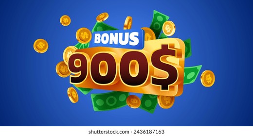 900 dollars bonus. Falling golden coins. Cashback or prize concept. Vector illustration