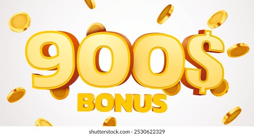 Bono de 900 dólares con podio y monedas de oro que caen. Cashback o concepto de premio. Ilustración vectorial