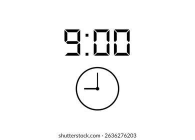 9:00 imagem vetorial e ícone cor preta no fundo branco.