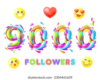 9000 followers color 3D picture. Thank you followers color numbers. The vector thanks card for network friends with color bubble. Splash paint isolated on white.