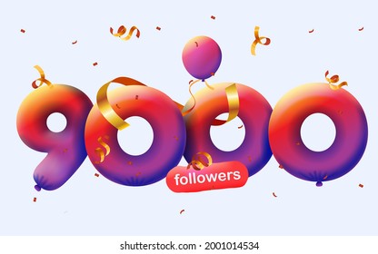 9000 followers thank you 3d blue balloons and colorful confetti. Vector illustration 3d numbers for social media 9K followers, Thanks followers, blogger celebrates subscribers, likes