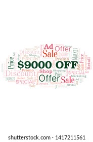 $9000 Off word cloud. Wordcloud made with text only.