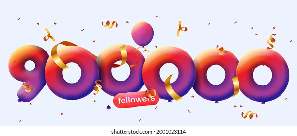 900000 followers thank you 3d blue balloons and colorful confetti. Vector illustration 3d numbers for social media 900K followers, Thanks followers, blogger celebrates subscribers, likes