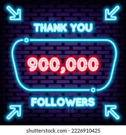 900000 Followers Thank you Badge in neon style. Bright signboard. Neon text. Trendy design elements. Vector Illustration