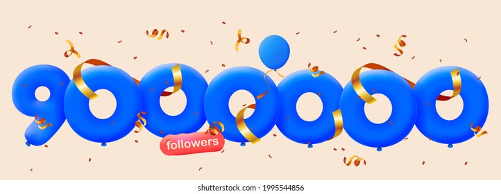 9000000 followers thank you 3d blue balloons and colorful confetti. Vector illustration 3d numbers for social media 9M followers, Thanks followers, blogger celebrates subscribers, likes