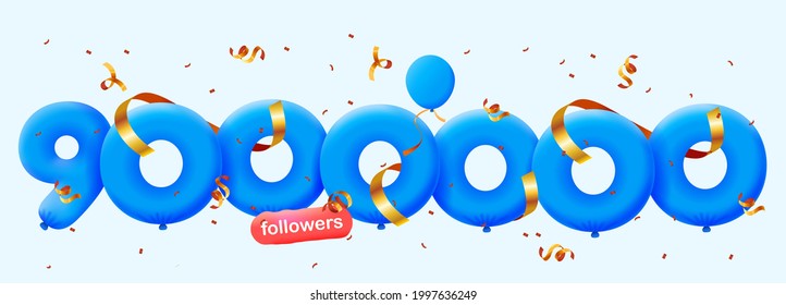 9000000 followers thank you 3d blue balloons and colorful confetti. Vector illustration 3d numbers for social media 9M followers, Thanks followers, blogger celebrates subscribers, likes