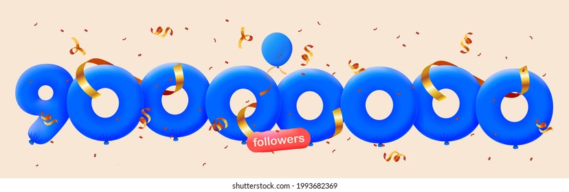 90000000 followers thank you 3d blue balloons and colorful confetti. Vector illustration 3d numbers for social media 90M followers, Thanks followers, blogger celebrates subscribers, likes