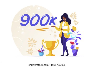 900K Followers Isometric Vector Concept, Group of business people are gathered together in the shape of 90000 word, for web page, banner, presentation, social media, Crowd of little people. teamwork