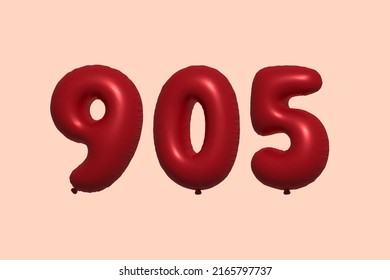 905 globo 3d número hecho de renderización 3d de globo metálico realista. Globos 3D de helio rojo para la venta decoración Fiesta Cumpleaños, Celebración de Aniversario, Fiesta de la Boda. Ilustración del vector