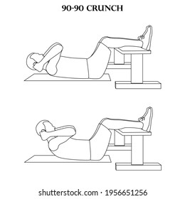 90-90 crunch exercise workout vector illustration outline on the white background. Vector illustration