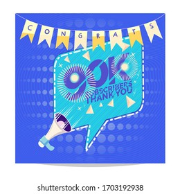 90k followers banner. Congratulations thank you with megaphone 90k subscribers design template on designer background. Bunting flag. Vector illustration.