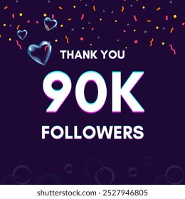 Plantilla de texto "90k followers" para dar las gracias después de lograr el hito en los sitios de redes sociales.
