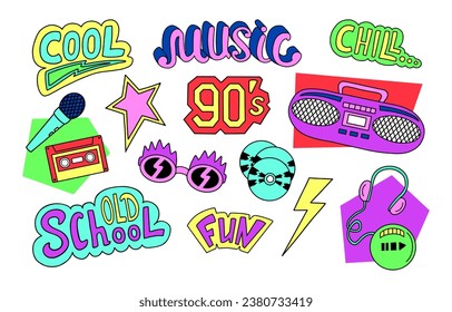 90s and 00s Retro Music Nostalgia set. Vintage boombox, audio CD player, cassette. Hand drawn doodle stickers with speech bubble elements, Memphis style. Outline vector illustration