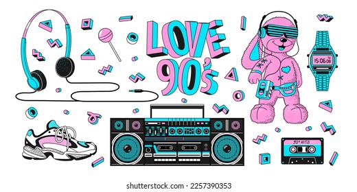 90s and 00s retro stickers and badges set in trendy neon colors. Bunny, boombox, audio cassette, headphones, sneakers, digital watch and Memphis design elements. Flat isolated vector illustration