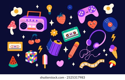 90s 80s 70s Nostalgia. Retro Gadgets, Pop Culture Icons, Bright Colors, vector elements set, doodle