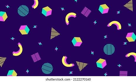 90s and 80s background template with retro style textures and abstract shapes. Aesthetic fashion background and eighties graphic. Rock and Pop music party event poster template