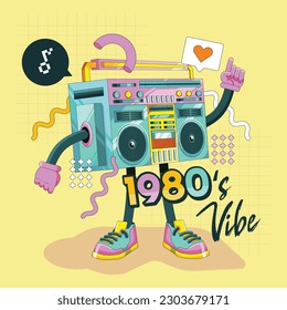 90's 80's Boombox Character Design with Memphis and Geometric Pattern Background Illustration