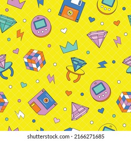 90's 80's Colorful Abstract Objects and Technology Seamless Pattern Background Illustration