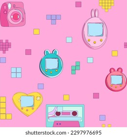 90's 80's Colorfull Abstract Objects and Technology Seamless Pattern Background Illustration, childhood game pink set 