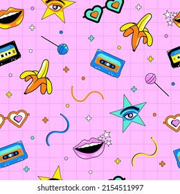 90's 80's Girlie Seamless Pattern With Bright Color and Cassette, Banana, Candy, Lips, Eyes, Eyeglass