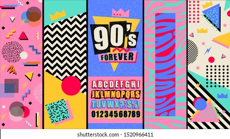 90s and 80s poster. Nineties forever. Retro style textures and alphabet mix. Aesthetic fashion background and eighties graphic. Pop and rock music party event template. Vintage vector poster, banner. - Shutterstock ID 1520966411