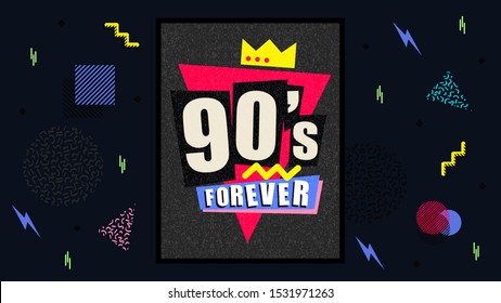 90s and 80s poster. Nineties forever. Retro style textures and alphabet mix. Aesthetic fashion background and eighties graphic. Pop and rock music party event template. Vintage vector poster, banner.