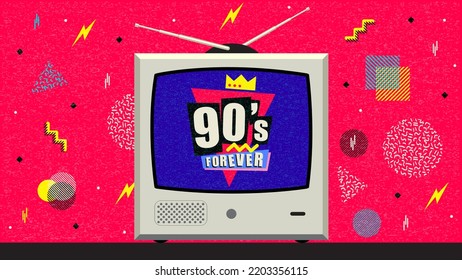 90s and 80s poster. Nineties forever. Retro style textures and alphabet mix. Aesthetic TV background and eighties graphic. Pop and rock music party event template. Vintage vector poster, banner.