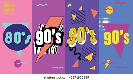 Poster der 90er und 80er Jahre. Neunzig für immer. Retro-Stil Texturen und Alphabet-Mix. Achtzig ästhetische und grafische Modehintergründe. Pop und Rock Musik Party Event Template.