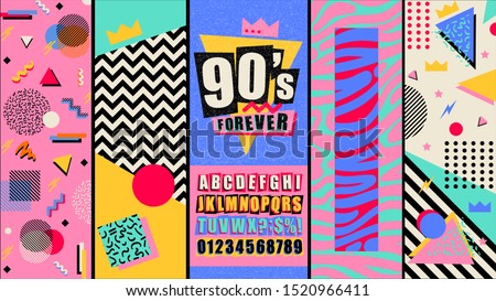 90s and 80s poster. Nineties forever. Retro style textures and alphabet mix. Aesthetic fashion background and eighties graphic. Pop and rock music party event template. Vintage vector poster, banner.