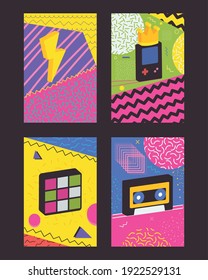 90s and 80s posters icon set, colorful design, vector illustration