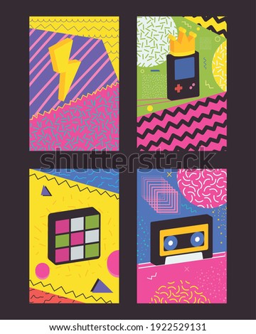 90s and 80s posters icon set, colorful design, vector illustration