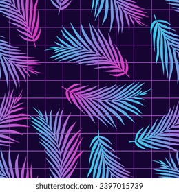 90's 80's Seamless pattern with palm leaves on grid. Wallpaper retro graphic in synthwave style. Gradient, vivid elements for scifi graphic. Vintage design for night club and bar. Miami vibes.