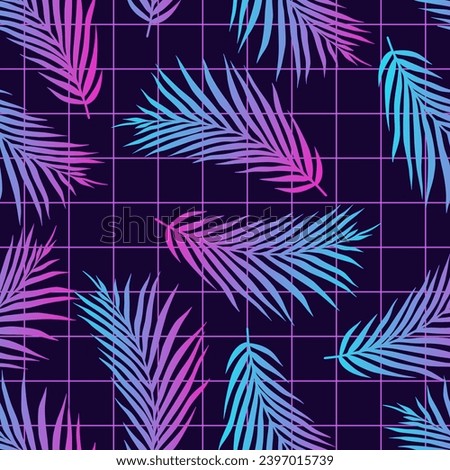 90's 80's Seamless pattern with palm leaves on grid. Wallpaper retro graphic in synthwave style. Gradient, vivid elements for scifi graphic. Vintage design for night club and bar. Miami vibes.