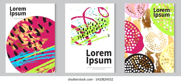 90's and 80`s style vector invitation frame set. Roze Gold abstract animal skin pattern. Watercolor stripes  brushes and dots. Hand drawn golden abstract tiger skin background with watercolor stripes 