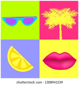 90's and 80`s style vector isolated objects. Vector illustration retro background. glasses, palm tree, lemon slice and sexy lips. stock vector