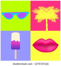 90's and 80`s style vector isolated objects. Vector illustration retro background. glasses, palm tree, ice cream and sexy lips. stock vector
