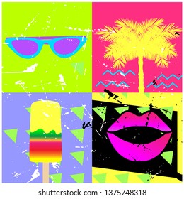90's and 80`s style vector isolated objects. Vector illustration retro background. glasses, palm tree, ice cream and sexy lips. stock vector